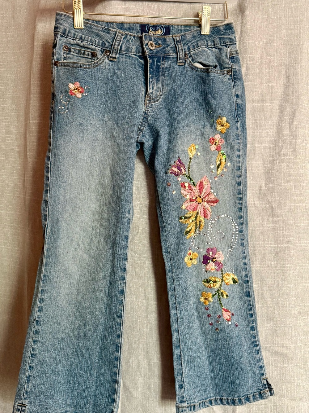 Angels Light Blue Embroidered Floral Flare Jeans